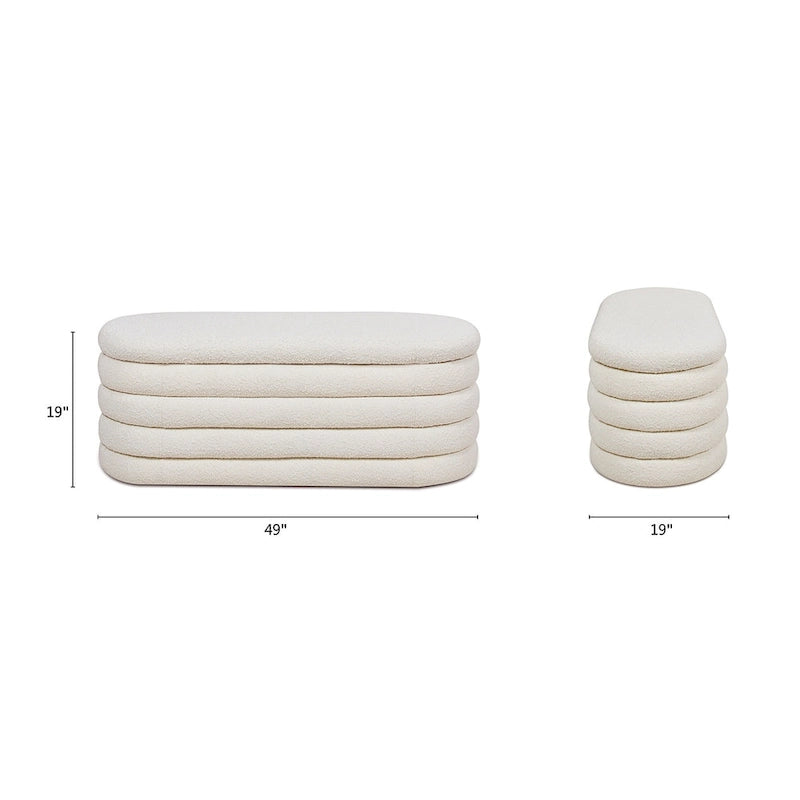 Banc de rangement ovale rembourré en fausse fourrure Sherpa avec capitonnage, 49 boucles
