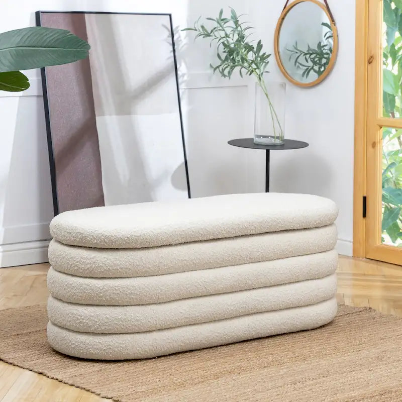 Banc de rangement ovale rembourré en fausse fourrure Sherpa avec capitonnage, 49 boucles