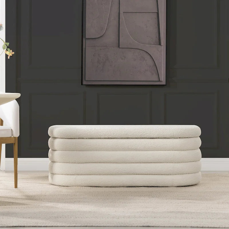 Banc de rangement ovale rembourré en fausse fourrure Sherpa avec capitonnage, 49 boucles
