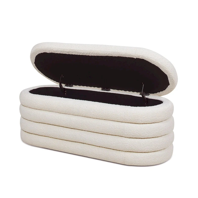 Banc de rangement ovale rembourré en fausse fourrure Sherpa avec capitonnage, 49 boucles