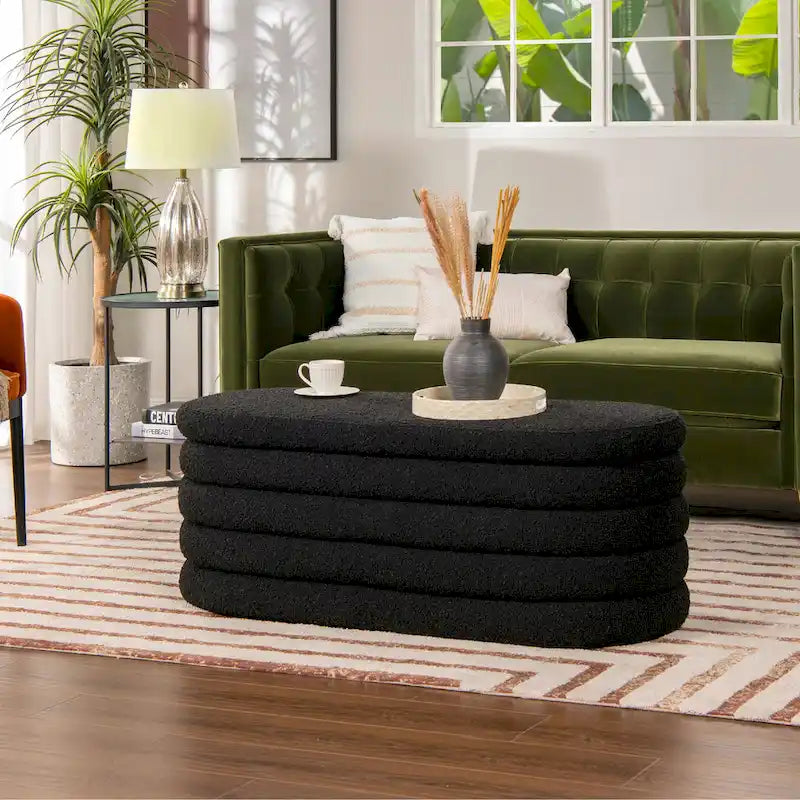 Banc de rangement ovale rembourré en fausse fourrure Sherpa avec capitonnage, 49 boucles