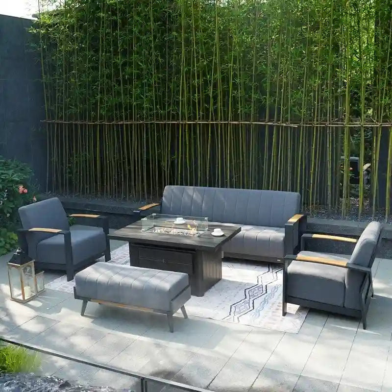 Ensemble de conversation en éponge acrylique 5 pièces pour patio avec table brasero et banc
