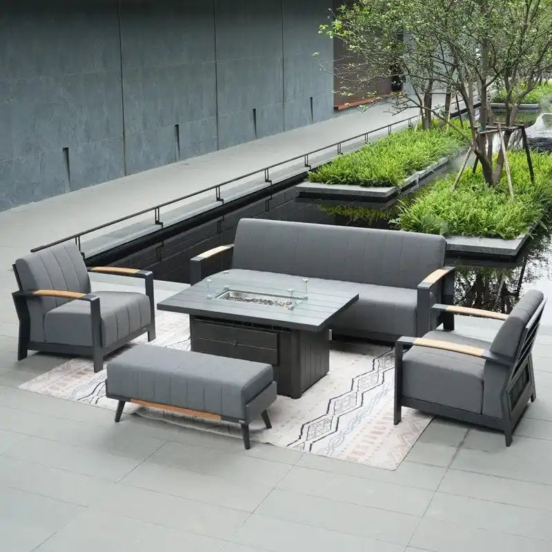 Ensemble de conversation en éponge acrylique 5 pièces pour patio avec table brasero et banc