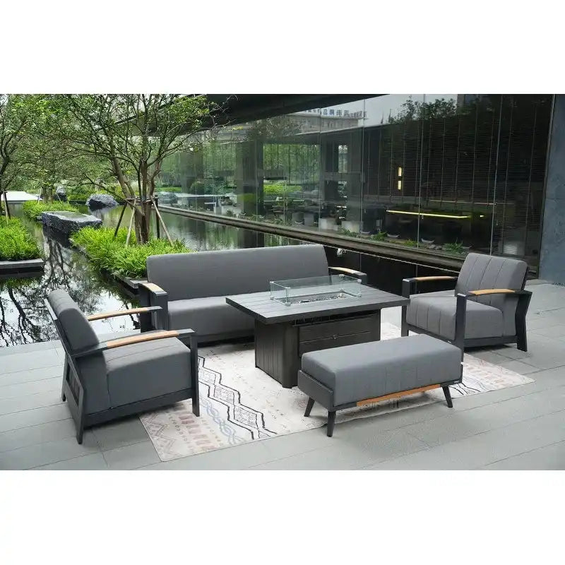 Ensemble de conversation en éponge acrylique 5 pièces pour patio avec table brasero et banc
