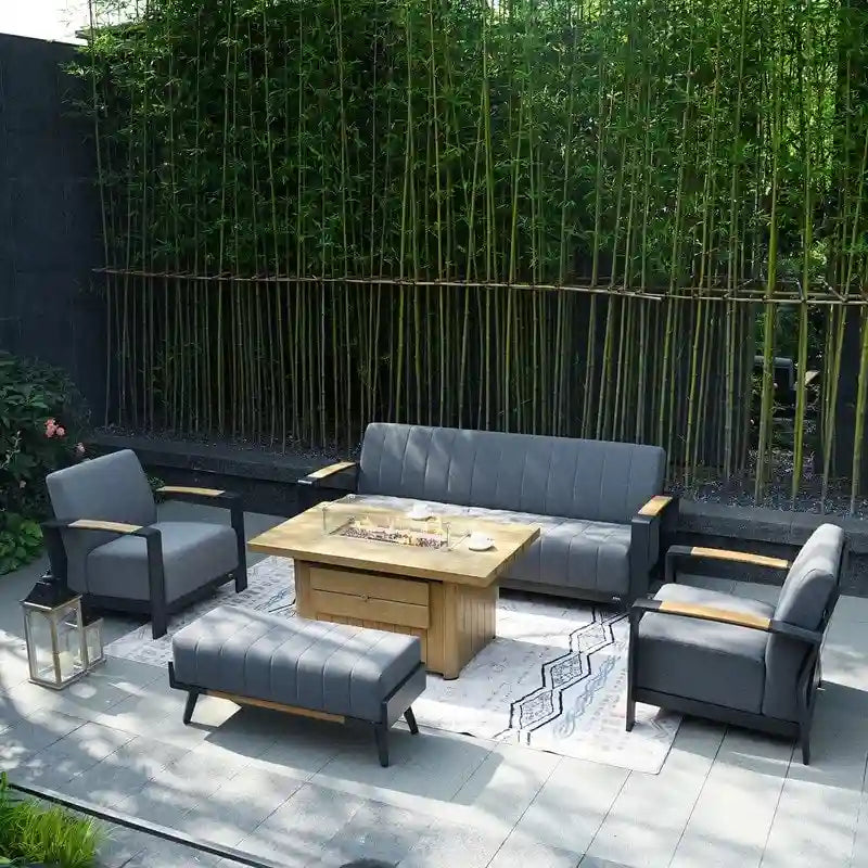 Ensemble de conversation en éponge acrylique 5 pièces pour patio avec table brasero et banc