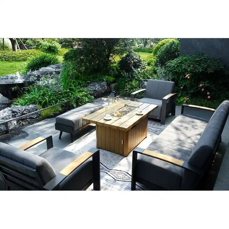 Ensemble de conversation en éponge acrylique 5 pièces pour patio avec table brasero et banc