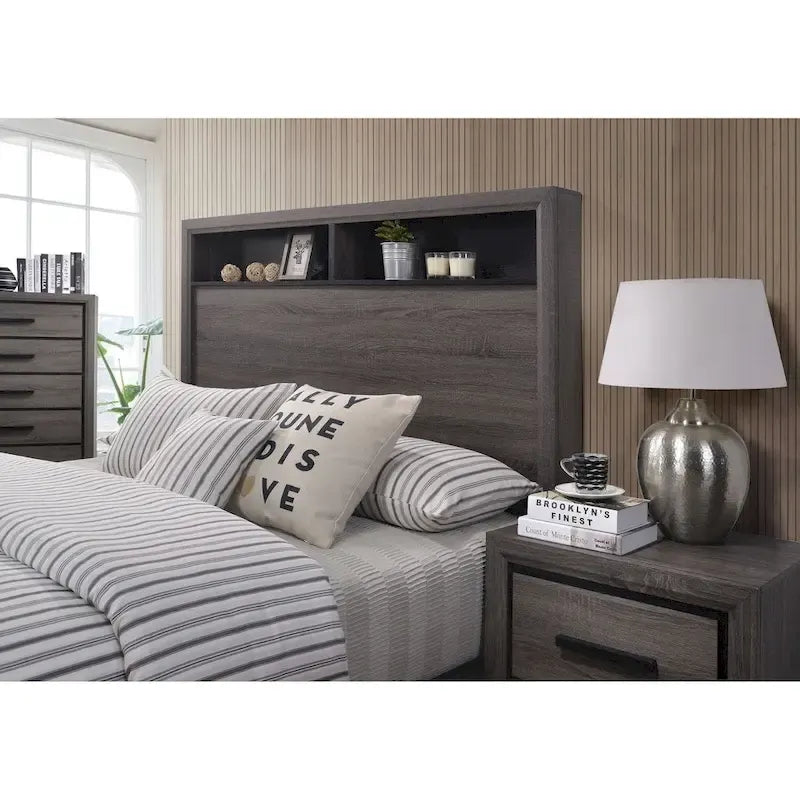 Lit Rothwell gris en bois de Furniture of America avec tête de lit bibliothèque