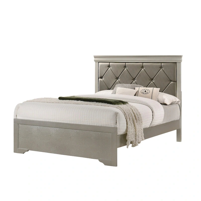 Ensemble de chambre à coucher Sigurd 4 pièces en similicuir argenté capitonné