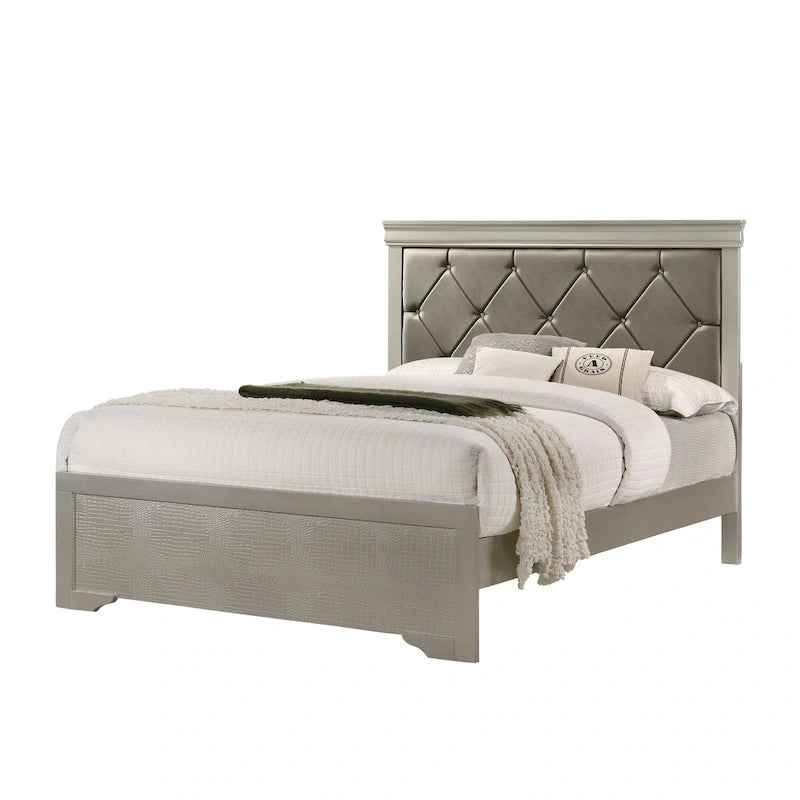 Ensemble de chambre à coucher Sigurd 4 pièces en similicuir argenté capitonné