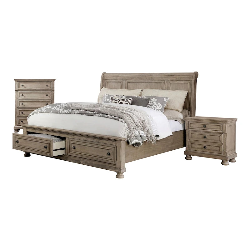 Ensemble de chambre à coucher 3 pièces Nahkohe avec rangement, lit traîneau en bois gris de transition et USB par Furniture of America