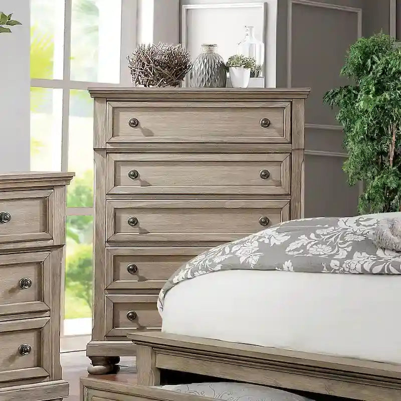 Ensemble de chambre à coucher 3 pièces Nahkohe avec rangement, lit traîneau en bois gris de transition et USB par Furniture of America