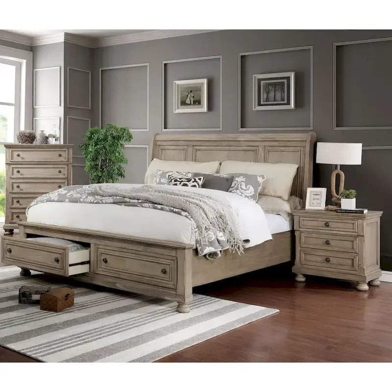 Ensemble de chambre à coucher 3 pièces Nahkohe avec rangement, lit traîneau en bois gris de transition et USB par Furniture of America