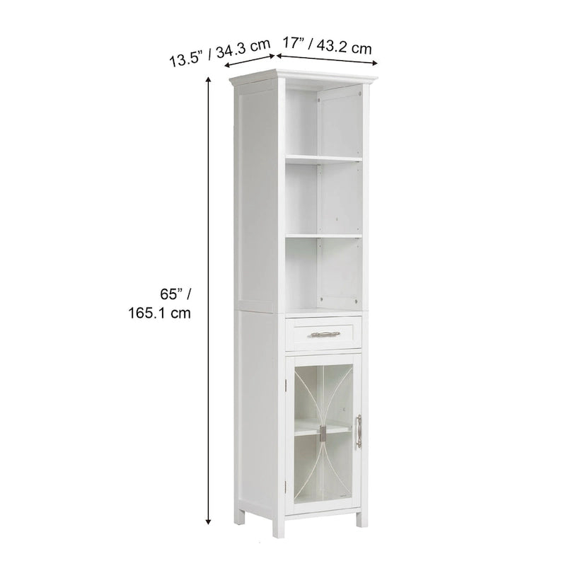 Home Delaney Tour de rangement autoportante en lin avec étagères ouvertes, tiroir, armoire - 13,5L x 17l x 65H
