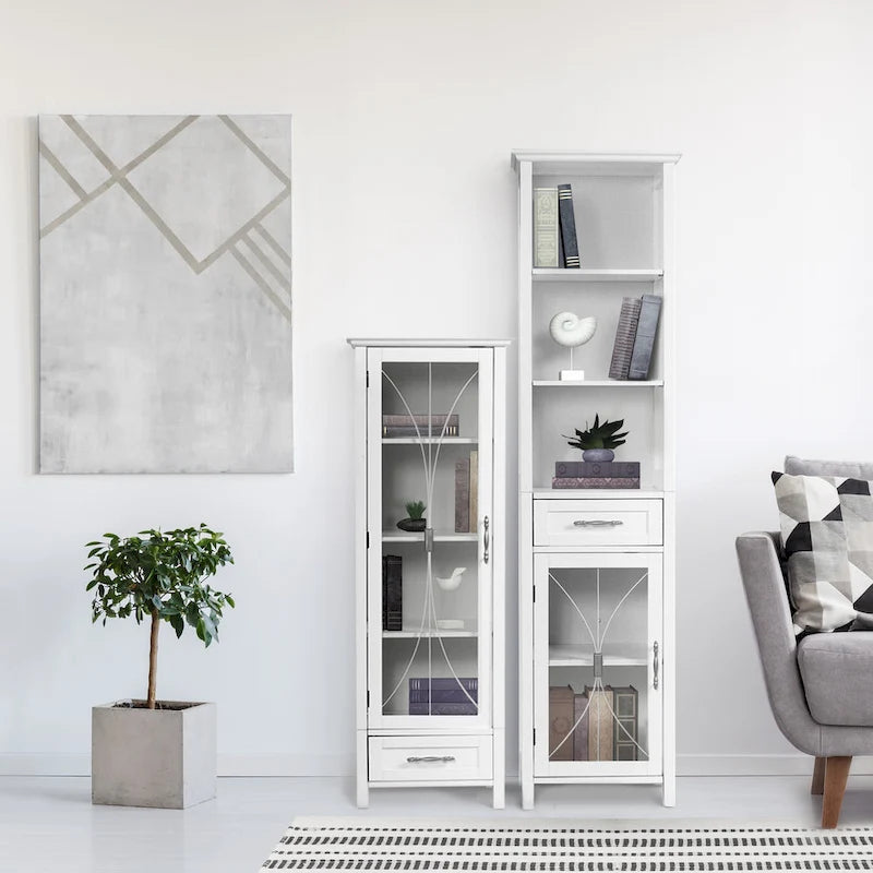 Home Delaney Tour de rangement autoportante en lin avec étagères ouvertes, tiroir, armoire - 13,5L x 17l x 65H