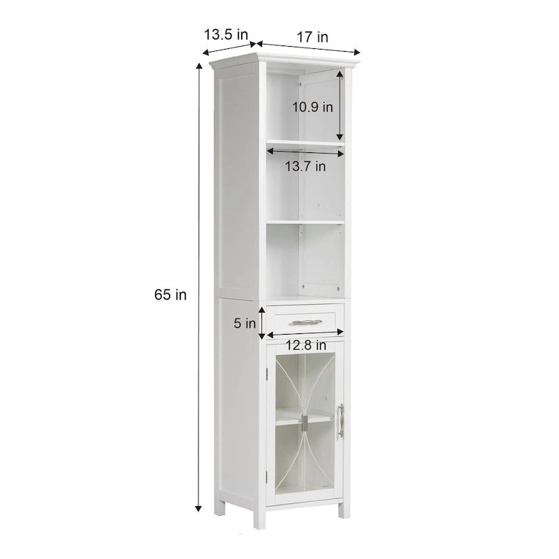 Home Delaney Tour de rangement autoportante en lin avec étagères ouvertes, tiroir, armoire - 13,5L x 17l x 65H