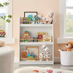 Danya B Étagère de rangement autoportante à 3 niveaux pour livres ou magazines pour enfants, blanche, avec tiges contrastantes couleur bois