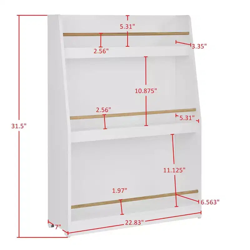 Danya B Étagère de rangement autoportante à 3 niveaux pour livres ou magazines pour enfants, blanche, avec tiges contrastantes couleur bois
