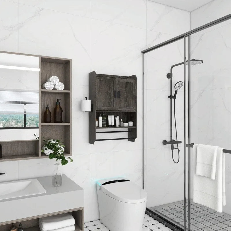 Meuble Haut de Salle de Bain avec Étagère Réglable, Barre Porte-Serviettes et Porte-Rouleau de Papier