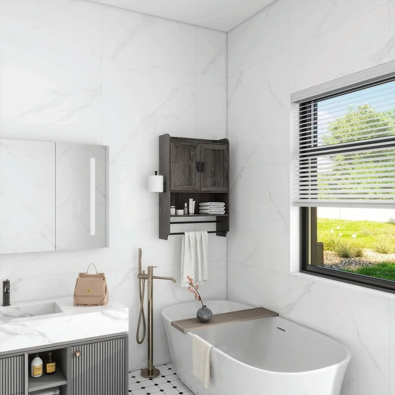 Meuble Haut de Salle de Bain avec Étagère Réglable, Barre Porte-Serviettes et Porte-Rouleau de Papier