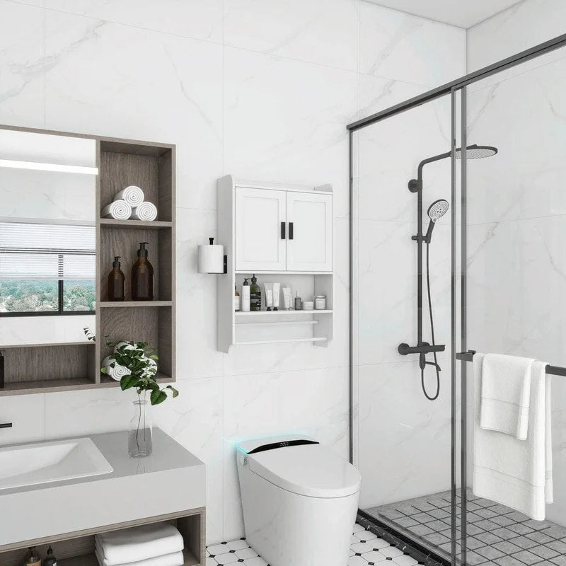 Meuble Haut de Salle de Bain avec Étagère Réglable, Barre Porte-Serviettes et Porte-Rouleau de Papier
