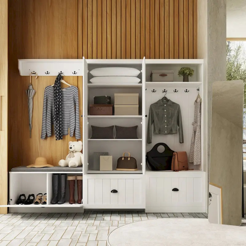 Meuble d'entrée multifonctionnel : Banc de rangement, étagère, porte-manteau et penderie.