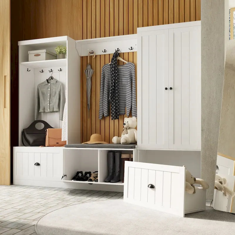 Meuble d'entrée multifonctionnel : Banc de rangement, étagère, porte-manteau et penderie.