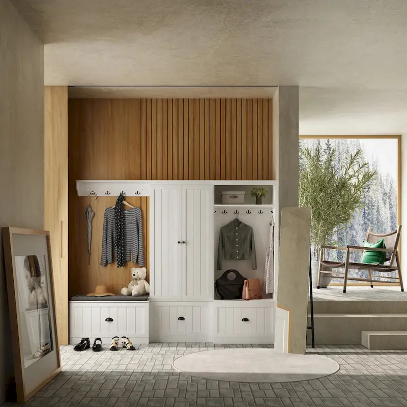 Meuble d'entrée multifonctionnel : Banc de rangement, étagère, porte-manteau et penderie.