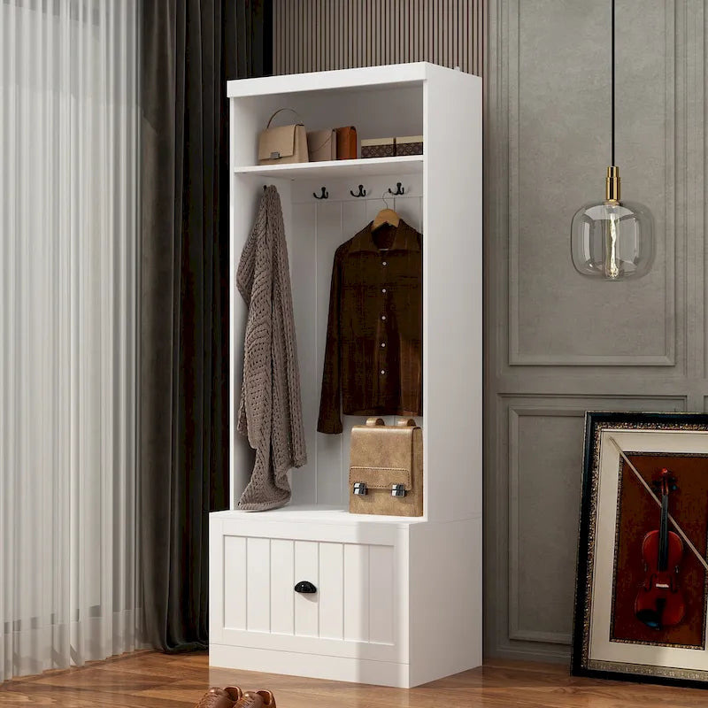 Meuble d'entrée multifonctionnel : Banc de rangement, étagère, porte-manteau et penderie.