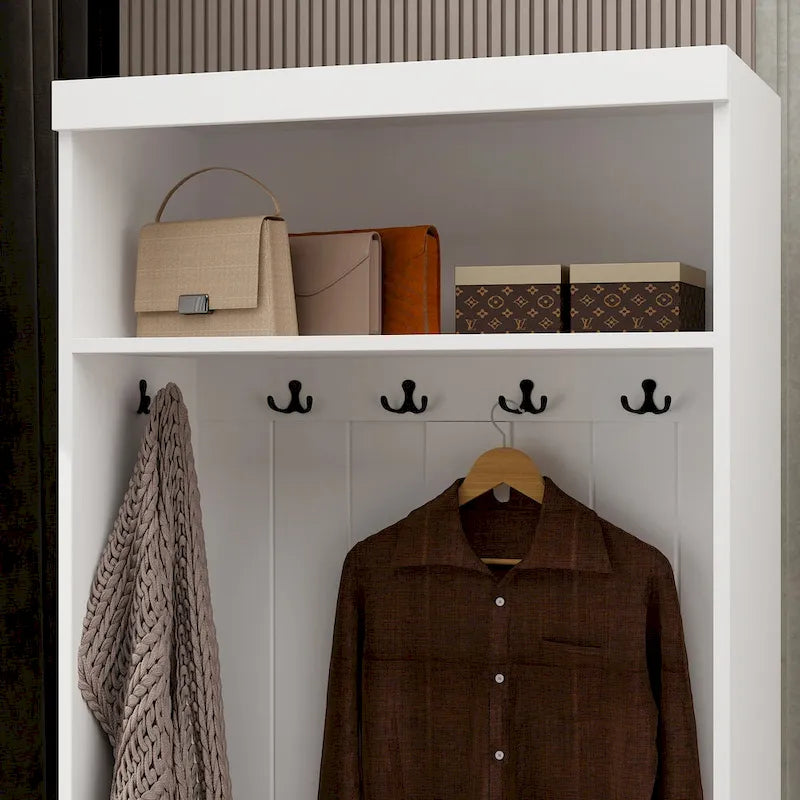 Meuble d'entrée multifonctionnel : Banc de rangement, étagère, porte-manteau et penderie.