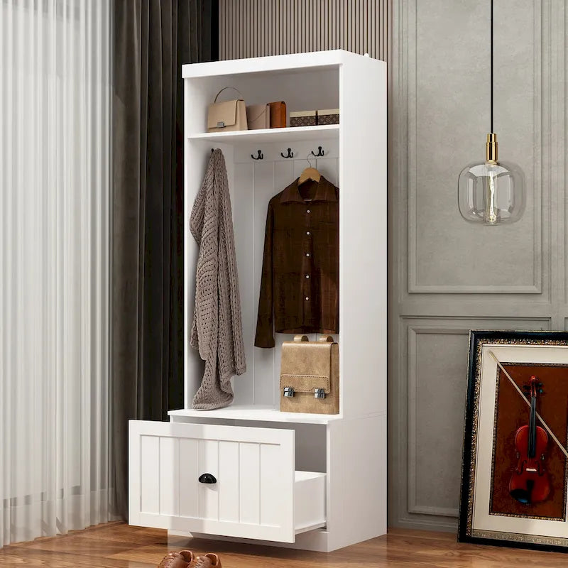 Meuble d'entrée multifonctionnel : Banc de rangement, étagère, porte-manteau et penderie.