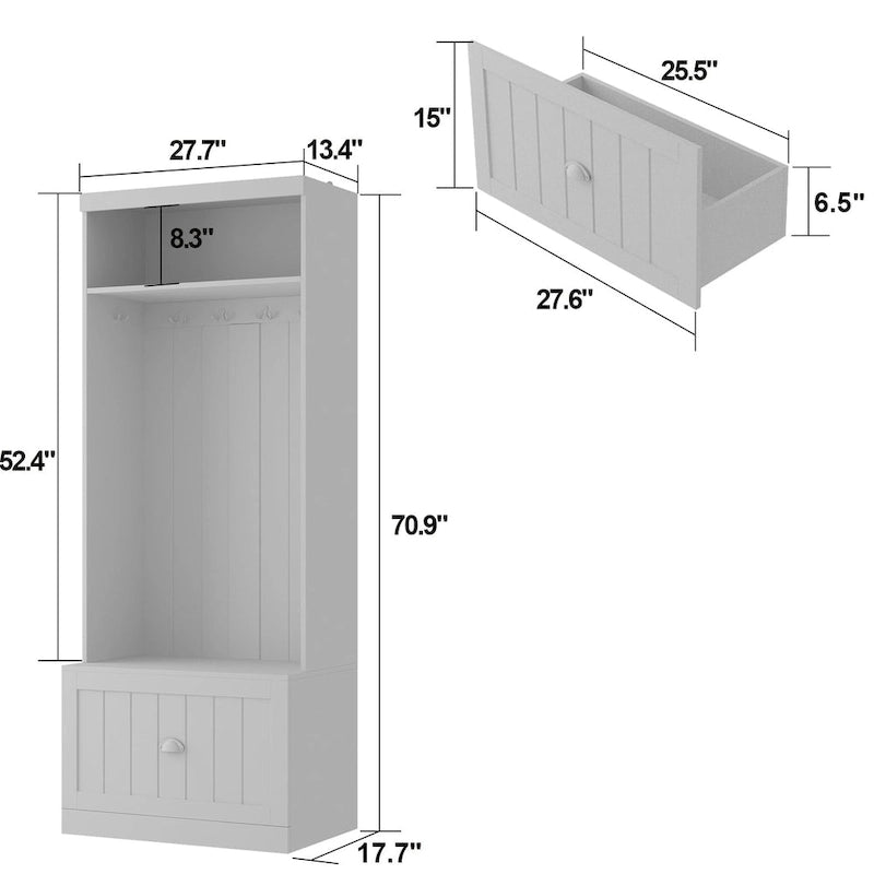Meuble d'entrée multifonctionnel : Banc de rangement, étagère, porte-manteau et penderie.