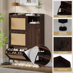 Meuble à chaussures autoportant en rotin couleur bois naturel avec 3 tiroirs basculants, Organisateur autoportant avec étagères réglables pour entrée, couloir