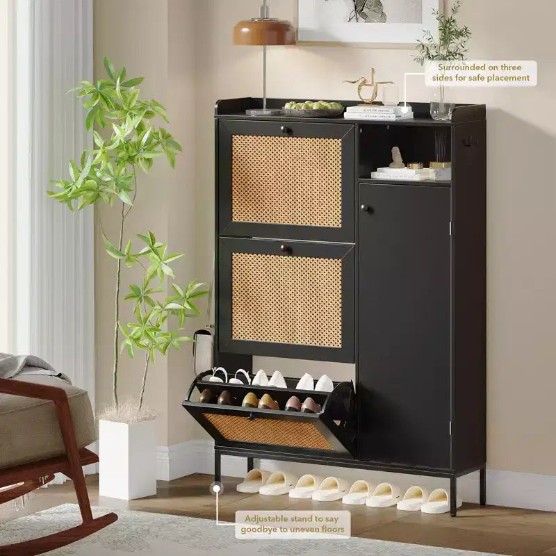 Meuble à chaussures autoportant en rotin couleur bois naturel avec 3 tiroirs basculants, Organisateur autoportant avec étagères réglables pour entrée, couloir