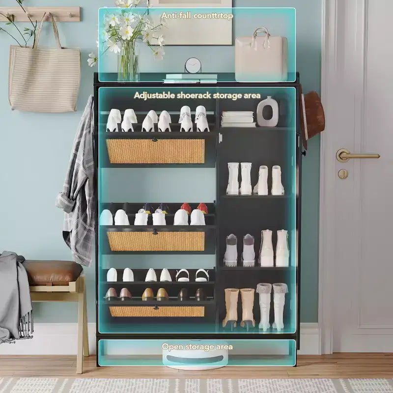 Meuble à chaussures autoportant en rotin couleur bois naturel avec 3 tiroirs basculants, Organisateur autoportant avec étagères réglables pour entrée, couloir