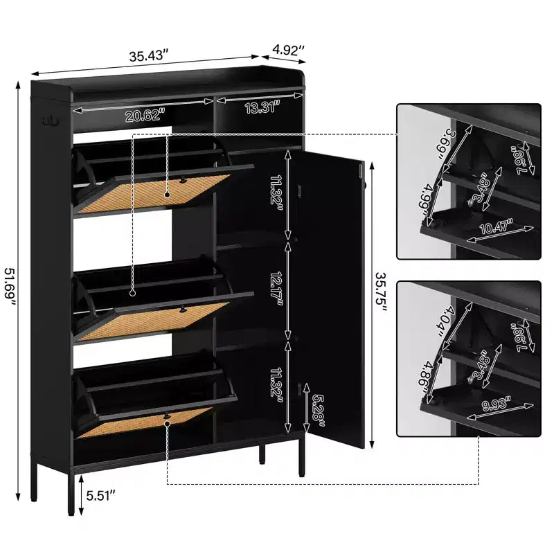 Meuble à chaussures autoportant en rotin couleur bois naturel avec 3 tiroirs basculants, Organisateur autoportant avec étagères réglables pour entrée, couloir