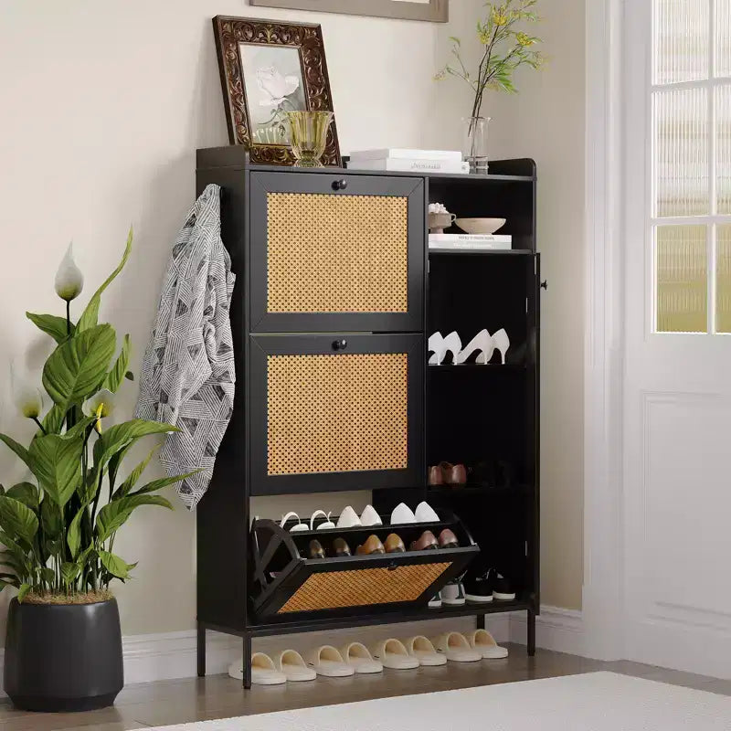 Freestanding Rattan Log Color Shoe Storage Cabinet with 3 Flip Drawers, Freestanding Organizer with Adjustable Shelves for Entryway, Hallway