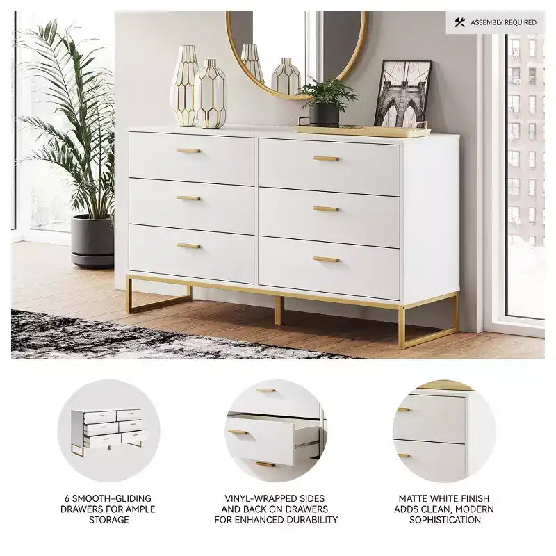 Commode 6 tiroirs Ashley Socalle Signature Design, Blanc avec ferrures dorées, Style chic moderne
