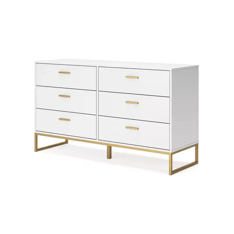 Commode 6 tiroirs Ashley Socalle Signature Design, Blanc avec ferrures dorées, Style chic moderne