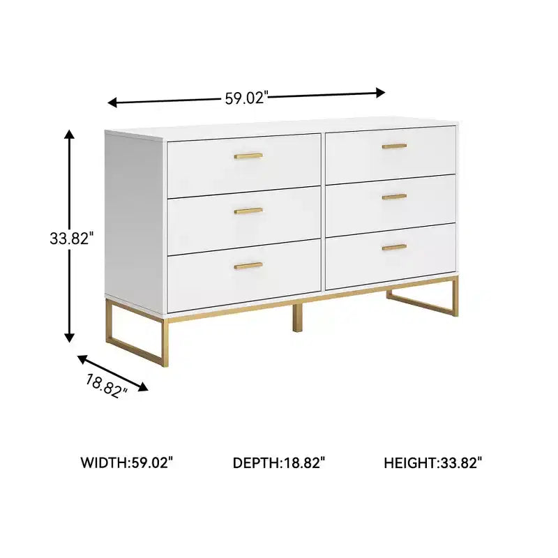 Commode 6 tiroirs Ashley Socalle Signature Design, Blanc avec ferrures dorées, Style chic moderne