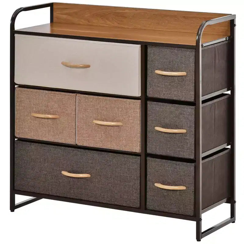 HOMCOM 7-Drawer Dresser, Fabric Drawers, 3-Tier Storage Organizer for Bedroom Entryway, Tower Unit with Steel Frame Wooden Top, Maple Wood