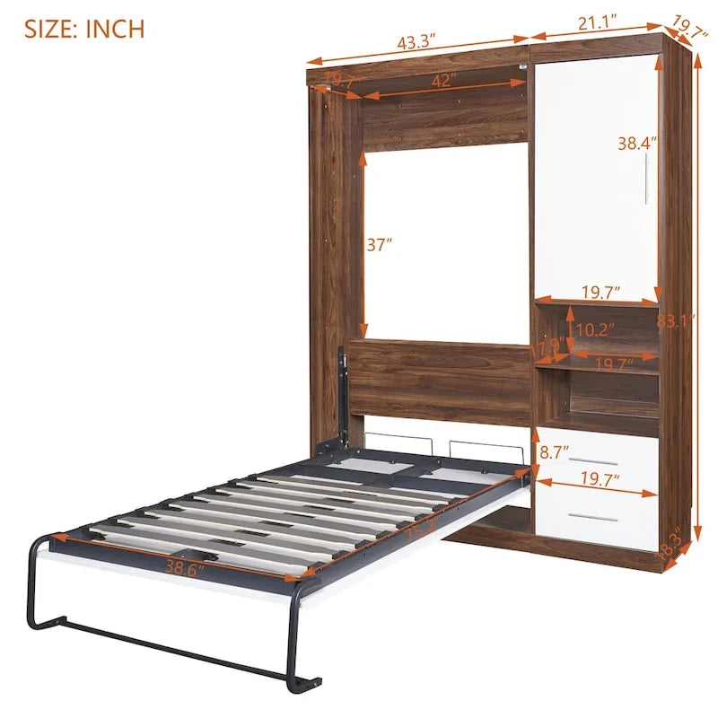 Lit mural escamotable double avec armoire, blanc