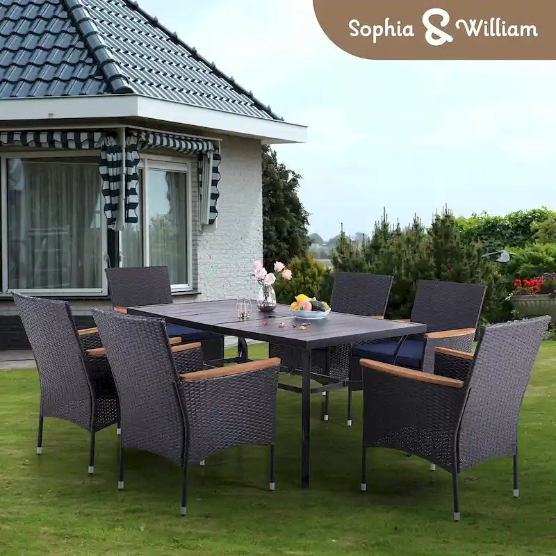 Ensemble de 7 pièces de salle à manger en rotin PE, fauteuils de conversation modernes en osier avec coussins et trou pour parasol de 2,6 po