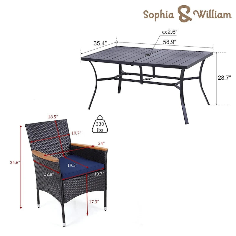 Ensemble de 7 pièces de salle à manger en rotin PE, fauteuils de conversation modernes en osier avec coussins et trou pour parasol de 2,6 po