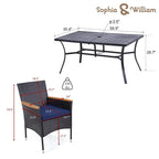 Ensemble de 7 pièces de salle à manger en rotin PE, fauteuils de conversation modernes en osier avec coussins et trou pour parasol de 2,6 po