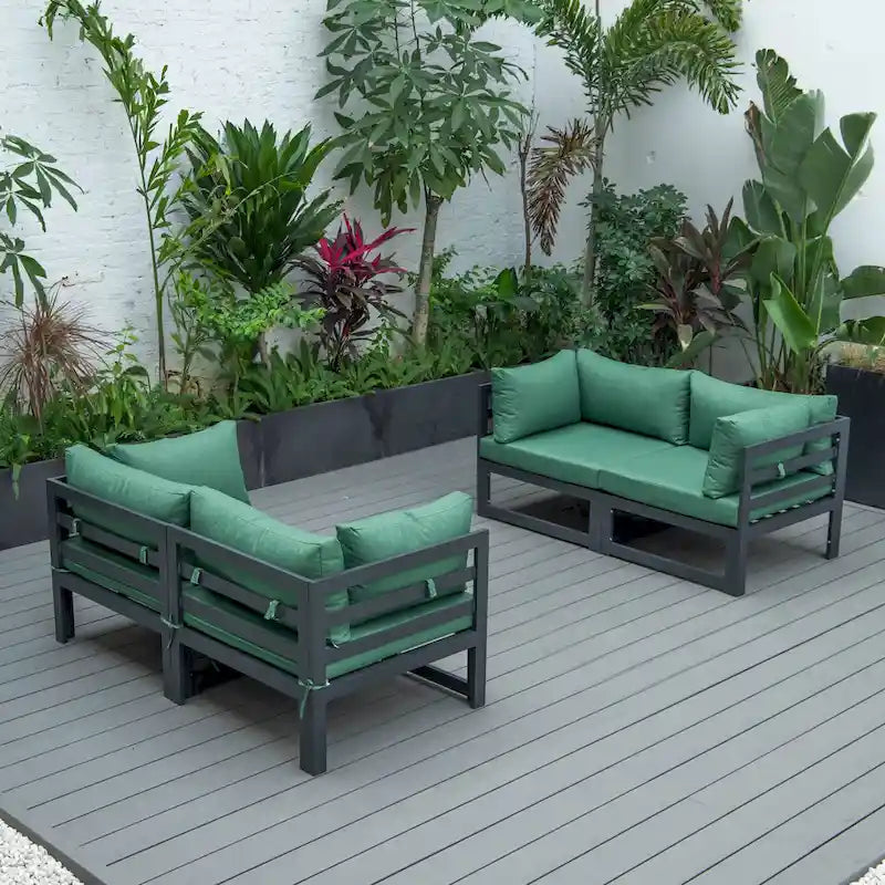 LeisureMod Chelsea Ensemble de canapé sectionnel 4 pièces en aluminium noir avec coussins pour patio