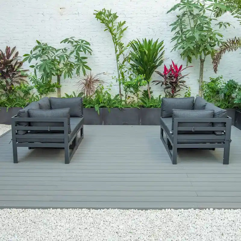 LeisureMod Chelsea Ensemble de canapé sectionnel 4 pièces en aluminium noir avec coussins pour patio