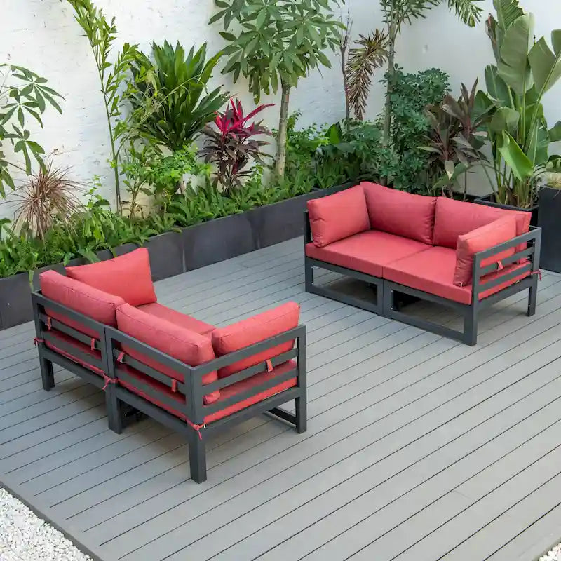 LeisureMod Chelsea Ensemble de canapé sectionnel 4 pièces en aluminium noir avec coussins pour patio