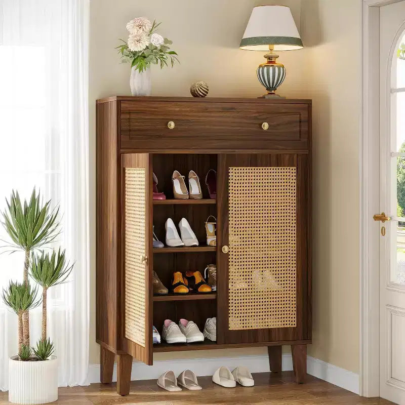 Meuble à chaussures Lantine avec tiroir, meuble de rangement pour chaussures avec étagère réglable, organisateur de chaussures en rotin pour entrée, couloir, salon