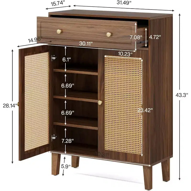 Meuble à chaussures Lantine avec tiroir, meuble de rangement pour chaussures avec étagère réglable, organisateur de chaussures en rotin pour entrée, couloir, salon