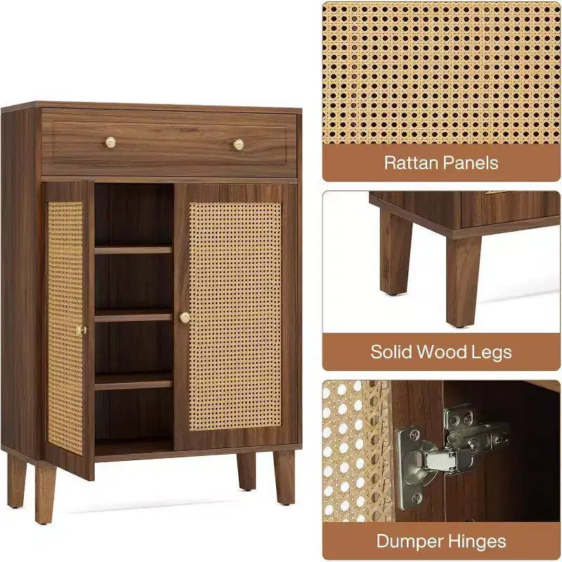 Meuble à chaussures Lantine avec tiroir, meuble de rangement pour chaussures avec étagère réglable, organisateur de chaussures en rotin pour entrée, couloir, salon